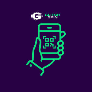 Telefon med QR-scanner under GlitchSpin-logoet