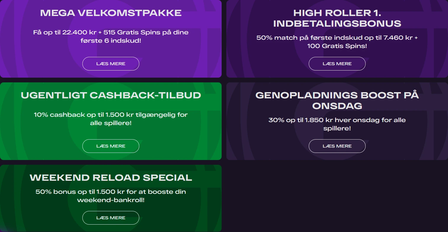 GlitchSpin-kampagneside med velkomsttilbud og ugentlige reload-bonusser