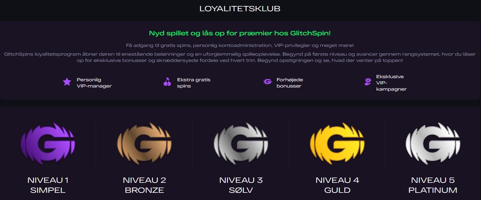 GlitchSpin loyalitetsprogramside, der viser fordelene