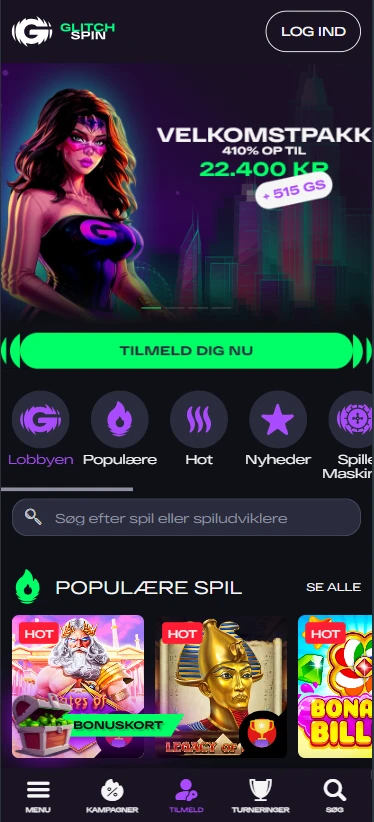 GlitchSpin Casino-hjemmeside set på en Android-smartphone