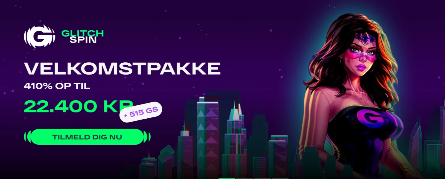 Et banner for velkomstbonussen på op til 22.400 kr + 515 gratis spins
