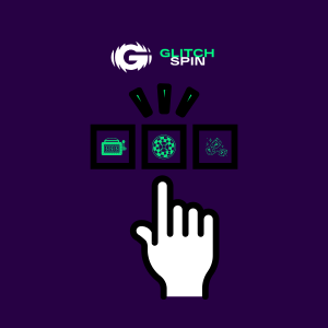 GlitchSpin-logo med håndmarkør og tre spilikoner på en lilla baggrund.