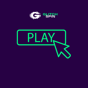 GlitchSpin-logo med afspilningsknap og cursorikon på en lilla baggrund.