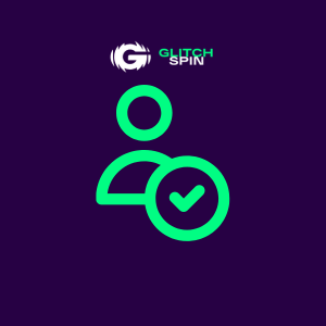 GlitchSpin-logo med person og flueben på lilla baggrund.